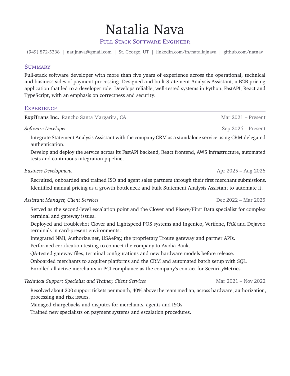 First page of Natalia Nava's resume